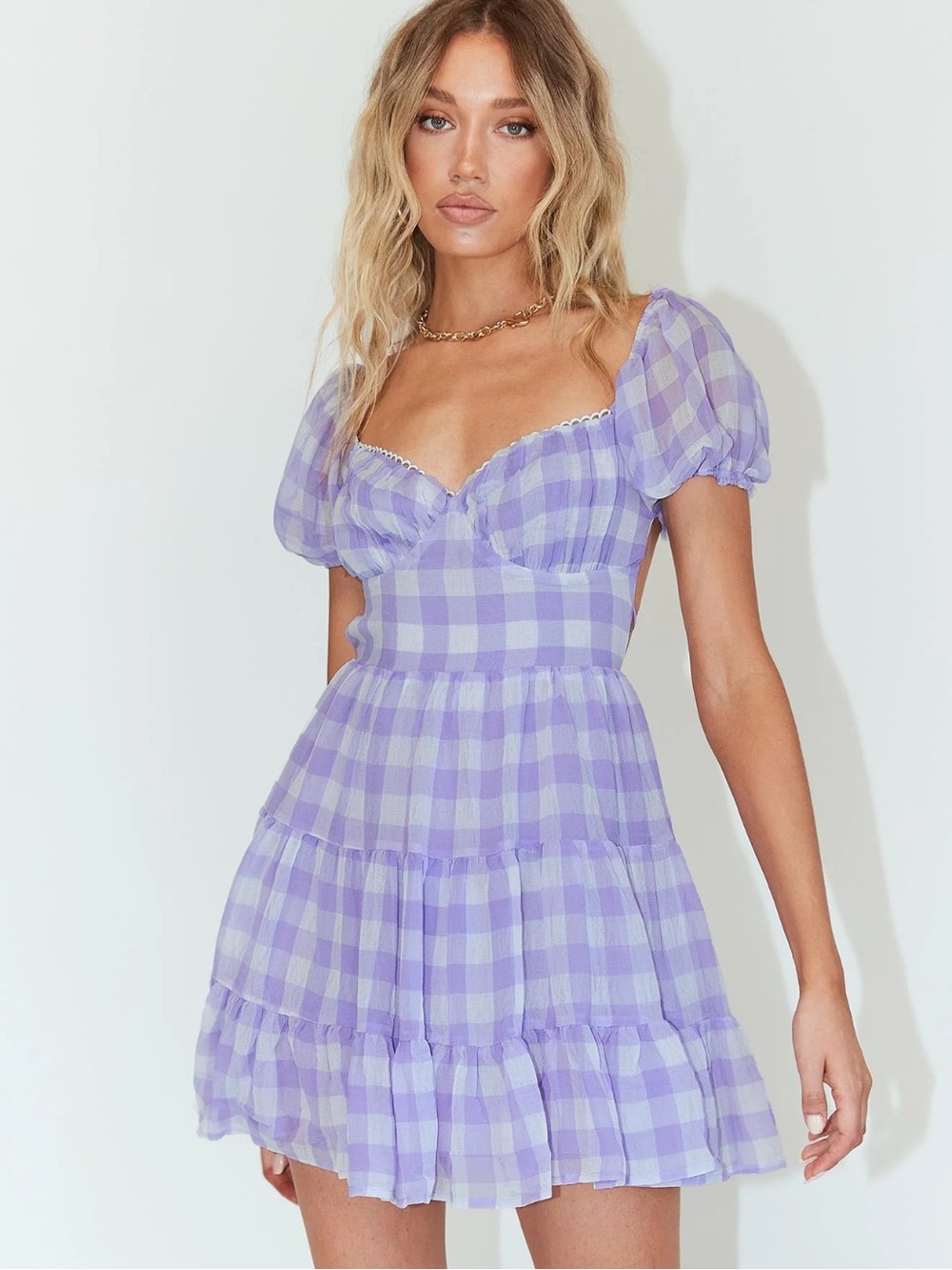Princess Polly Lilac Gingham Puff-Sleeve Mini Dress